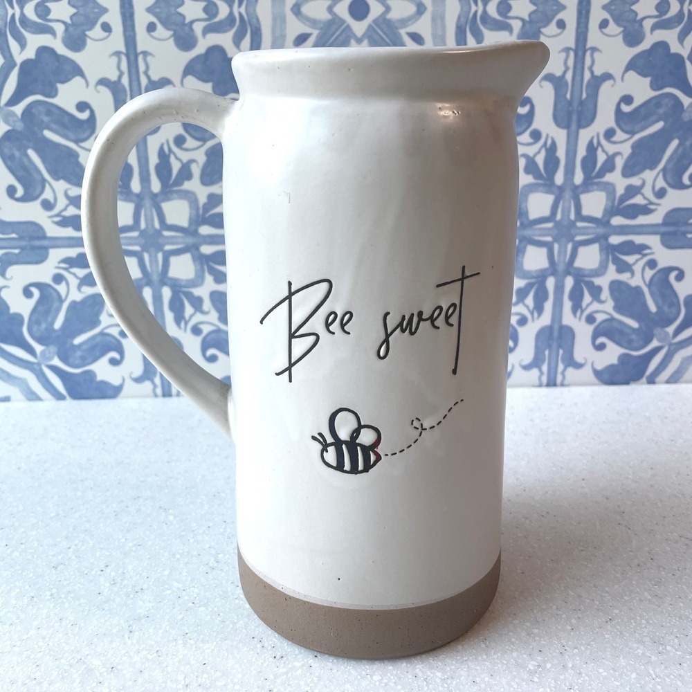 Bee Sweet Ceramic Pitcher White Farmhouse Stoneware Vase Cottagecore Country
